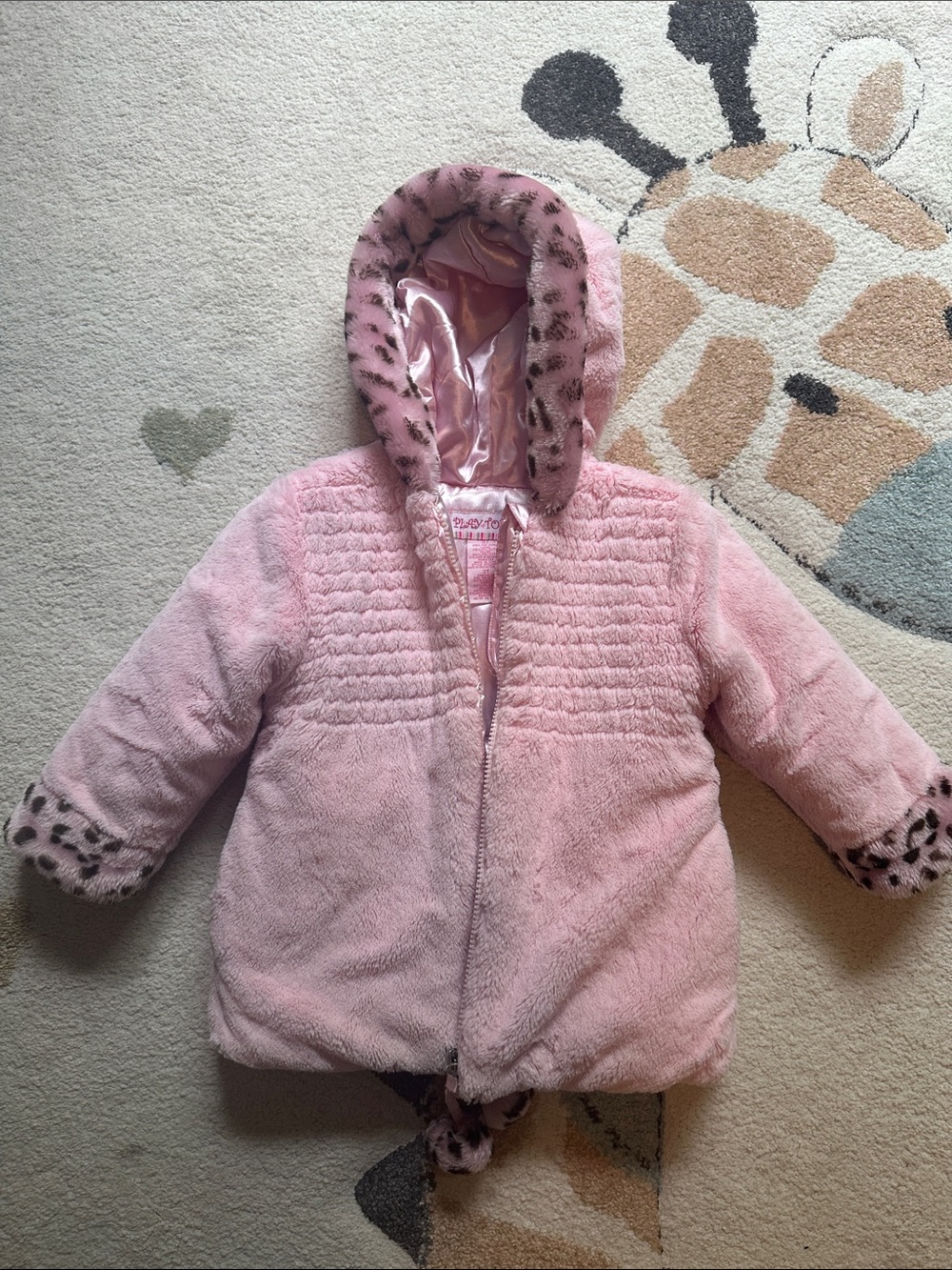 Pink Plush Faux Fur Hooded Baby Jacket with Leopard Trim